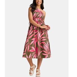 Tropical Boho Beach Leaf Print One Shoulder Dress Cotton Brown Green Pink M NWT